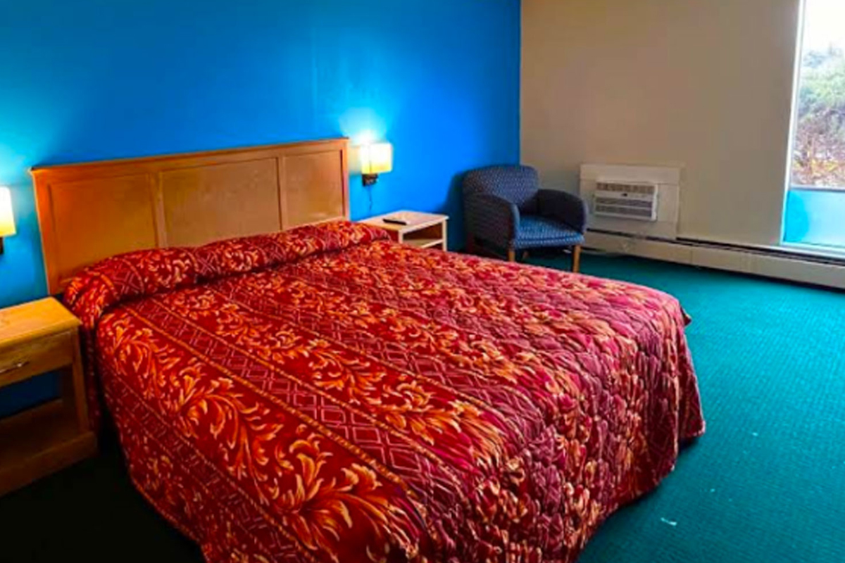 Cozy guest room with single bed and blue accent wall